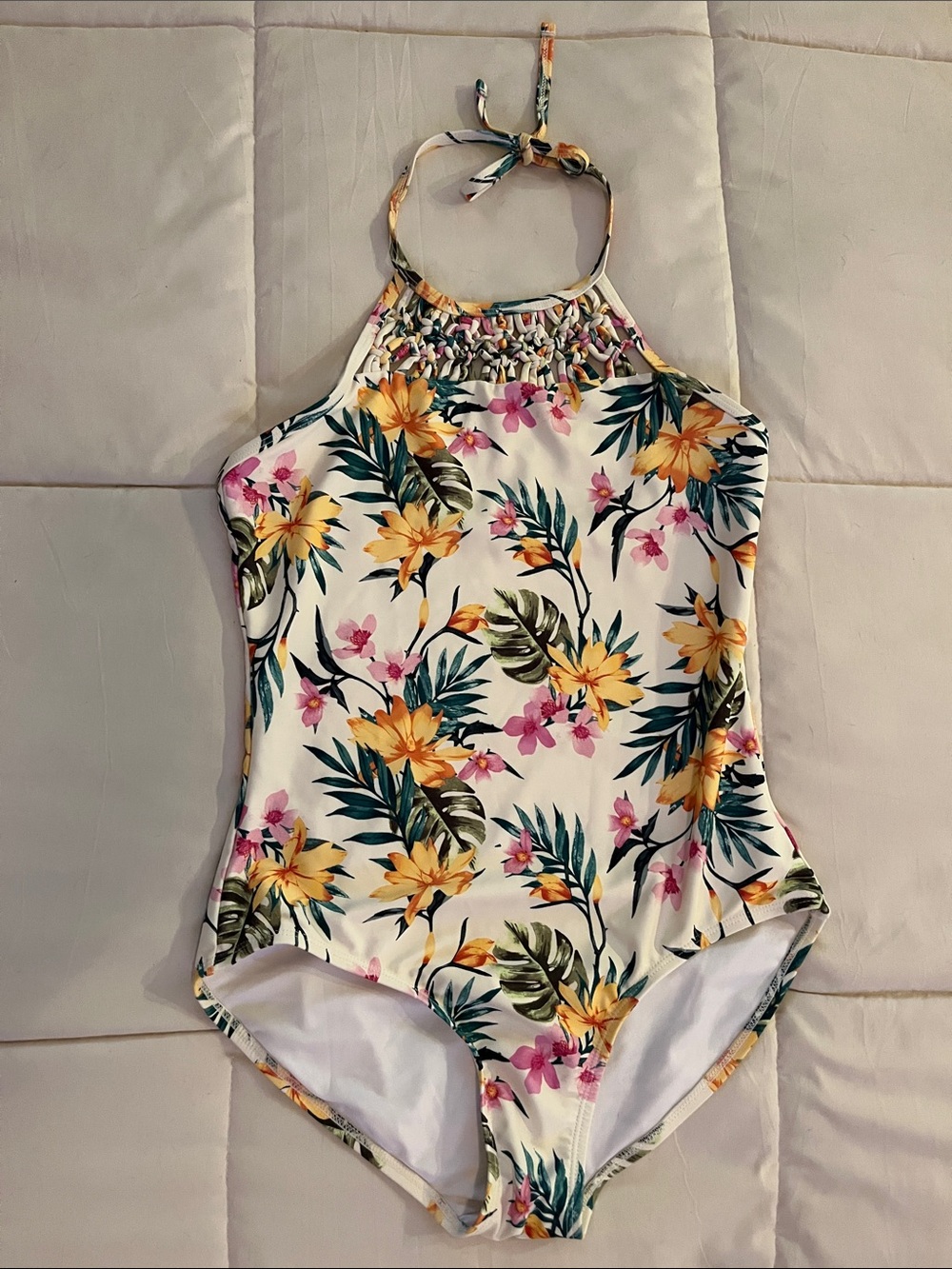 Girls Cream Floral One Piece Swimsuit